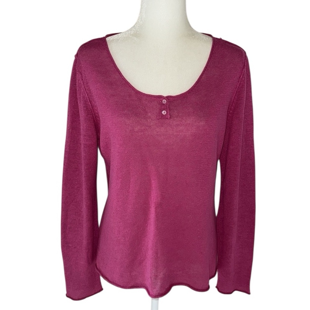 Eileen Fisher Hot Pink 100% Linen Pullover Sweater 2 Button Neckline, Medium